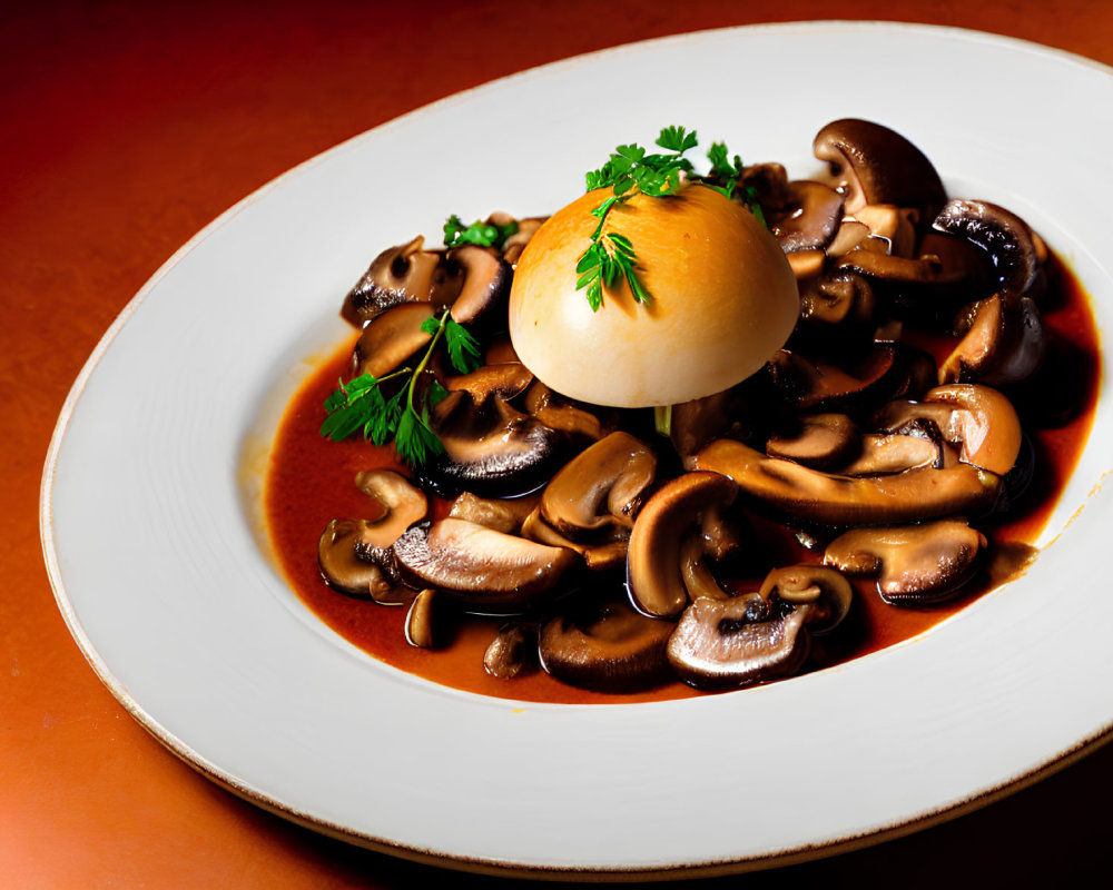 Whole mushroom dish with parsley and sliced mushrooms in rich brown sauce on white plate