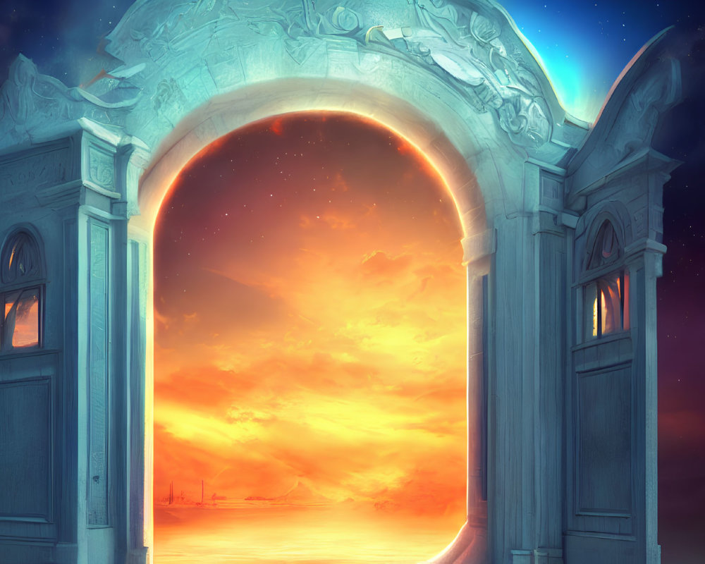 Stone archway frames starlit sky with orange nebula. Twilight backdrop.