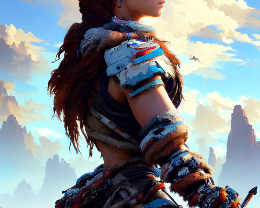 Digital artwork: Woman in tribal attire with futuristic arm gear on rocky terrain under blue sky