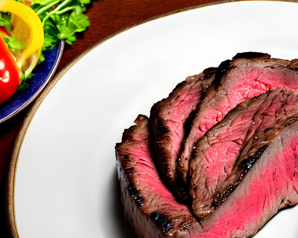 Medium-Rare Steak Slices with Fresh Vegetables on Plate