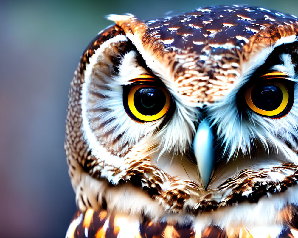 Detailed Close-up of Owl with Intense Yellow Eyes and Brown & White Feathers