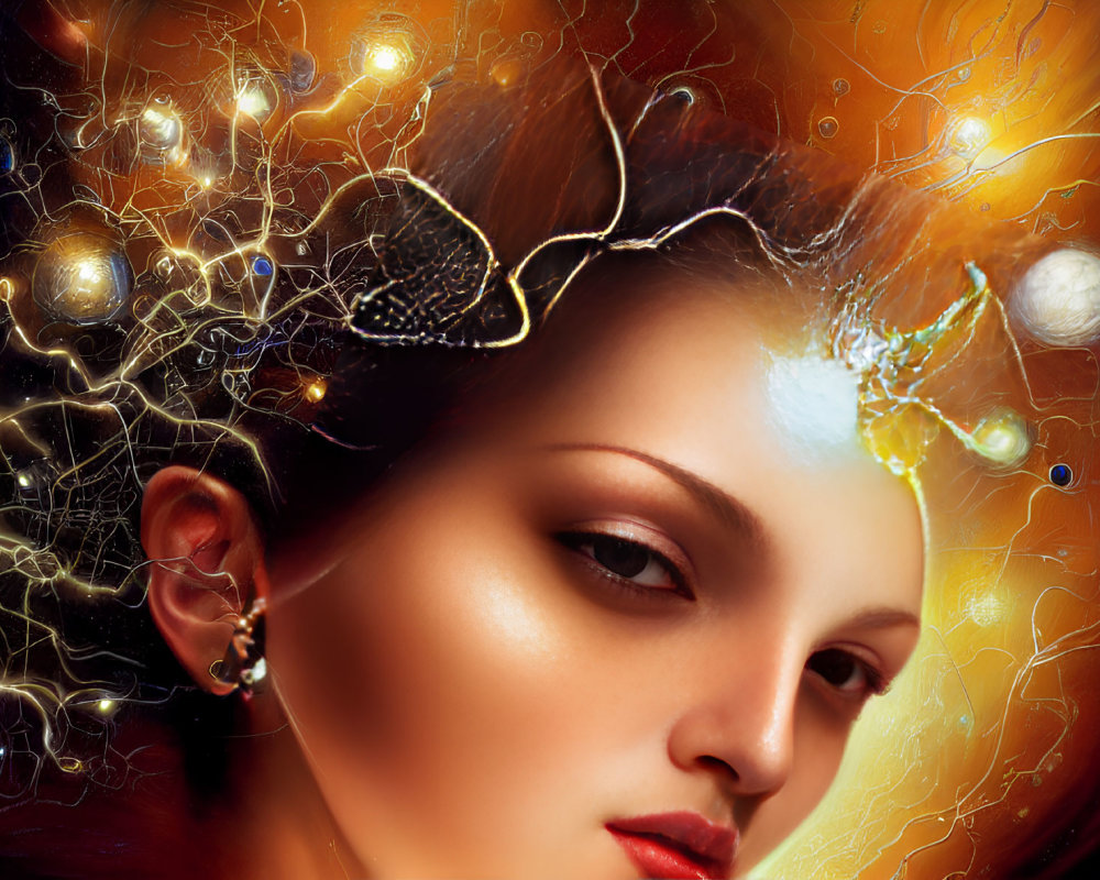 Digital artwork featuring woman with glowing, intricate neuron-like or cosmic network hair