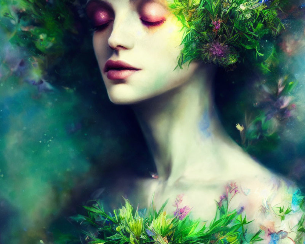 Woman with closed eyes adorned with green foliage and flowers in hair against vivid background