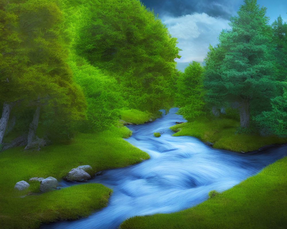Tranquil blue stream in lush green forest landscape