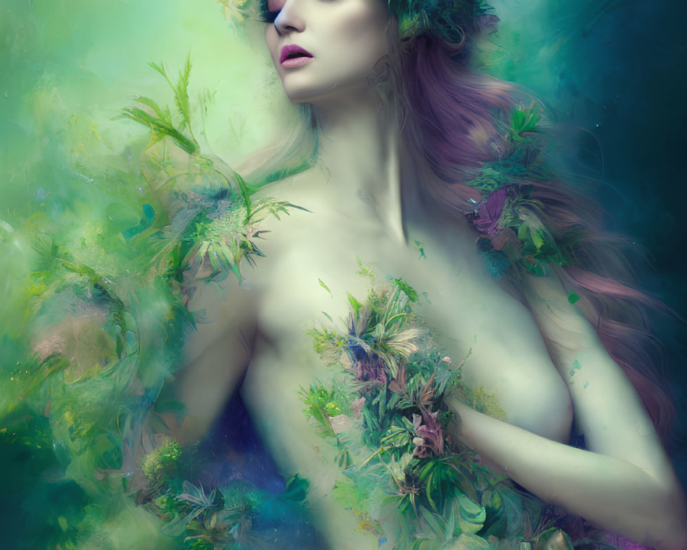 Portrait of a woman with vibrant leaf and flower wreath in dreamlike setting