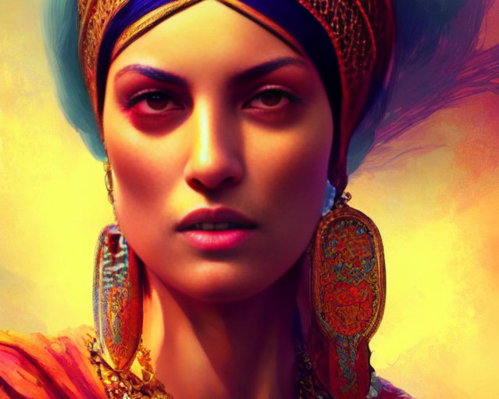 Colorful Turban Portrait of Woman with Striking Features