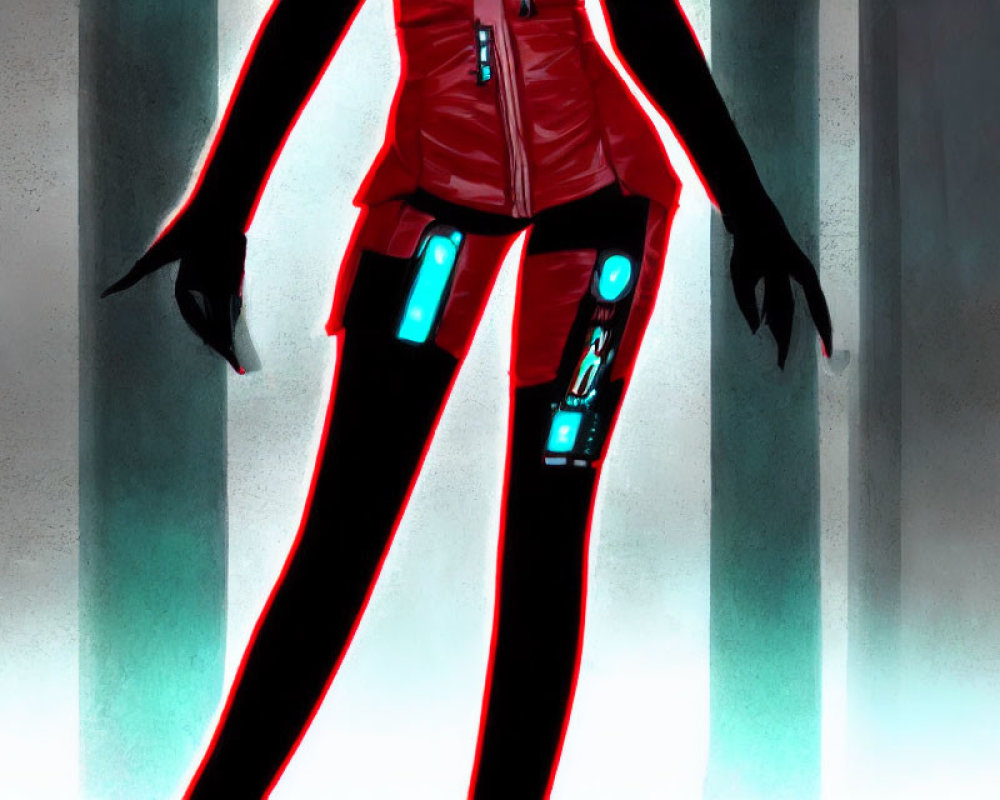 Futuristic red and black suit illustration in dimly lit setting