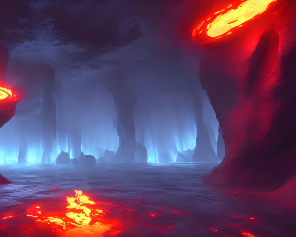 Digital artwork: Luminous lava cave with red walls and serene blue floor