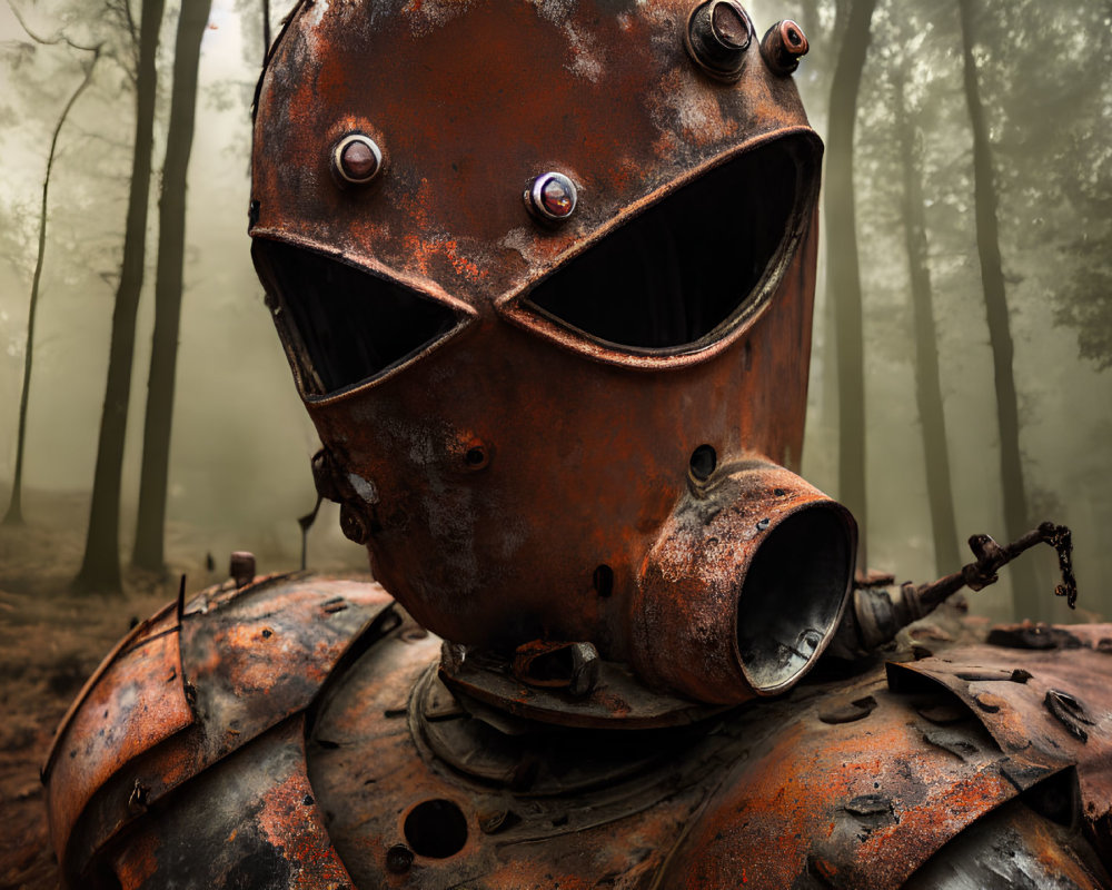 Rusty anthropomorphic metal sculpture in foggy forest