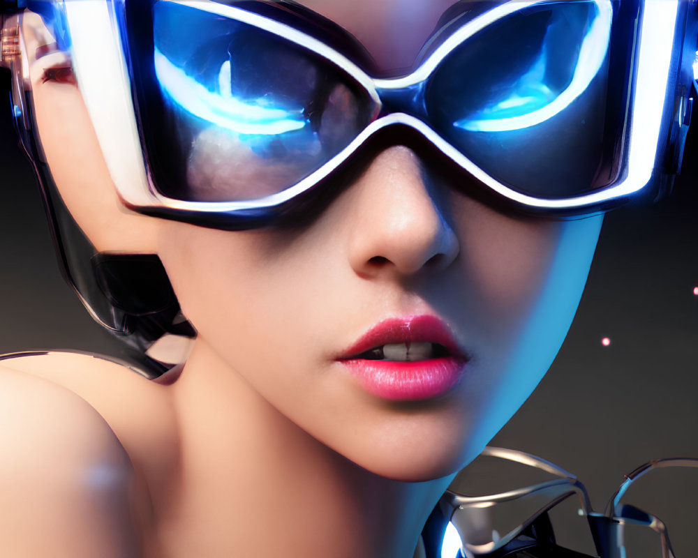 Close-Up of Person in Futuristic Glasses with Glowing Blue Edges
