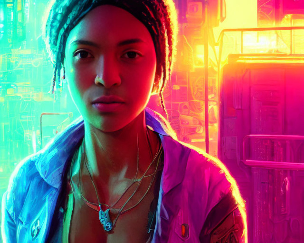 Woman in beanie against neon-lit cityscape in vibrant pink and blue hues