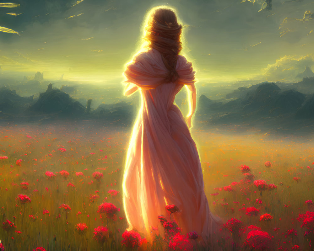 Woman in flowing dress admiring sunset in flower-filled meadow