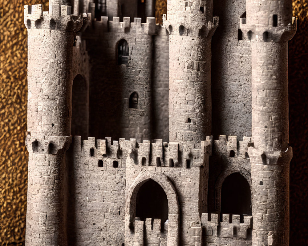 Detailed miniature stone castle model with multiple towers and tiny windows against textured gold backdrop