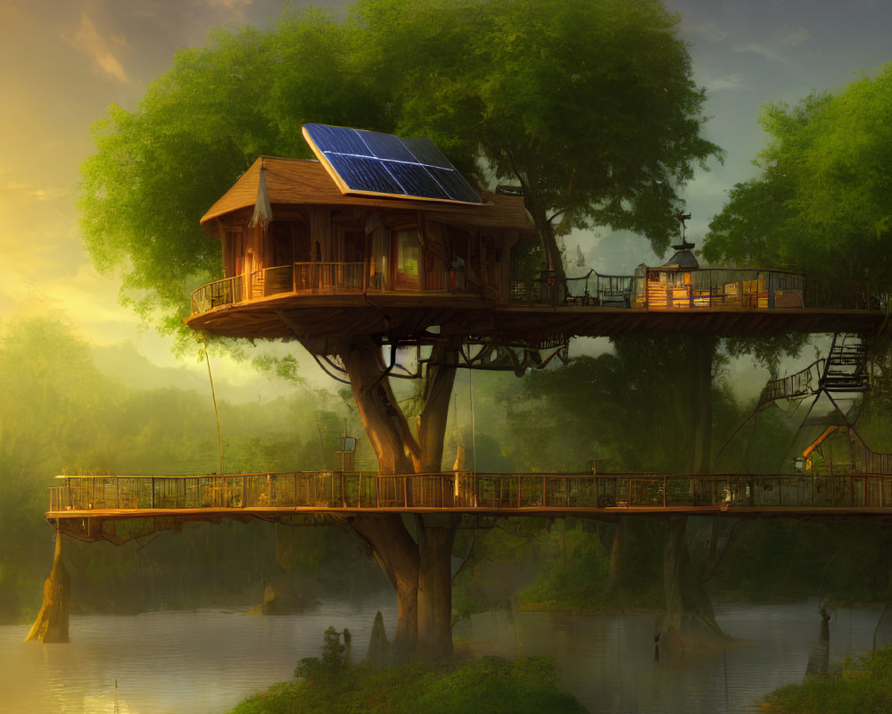 Treehouse with Solar Panels Overlooking Misty River at Sunrise