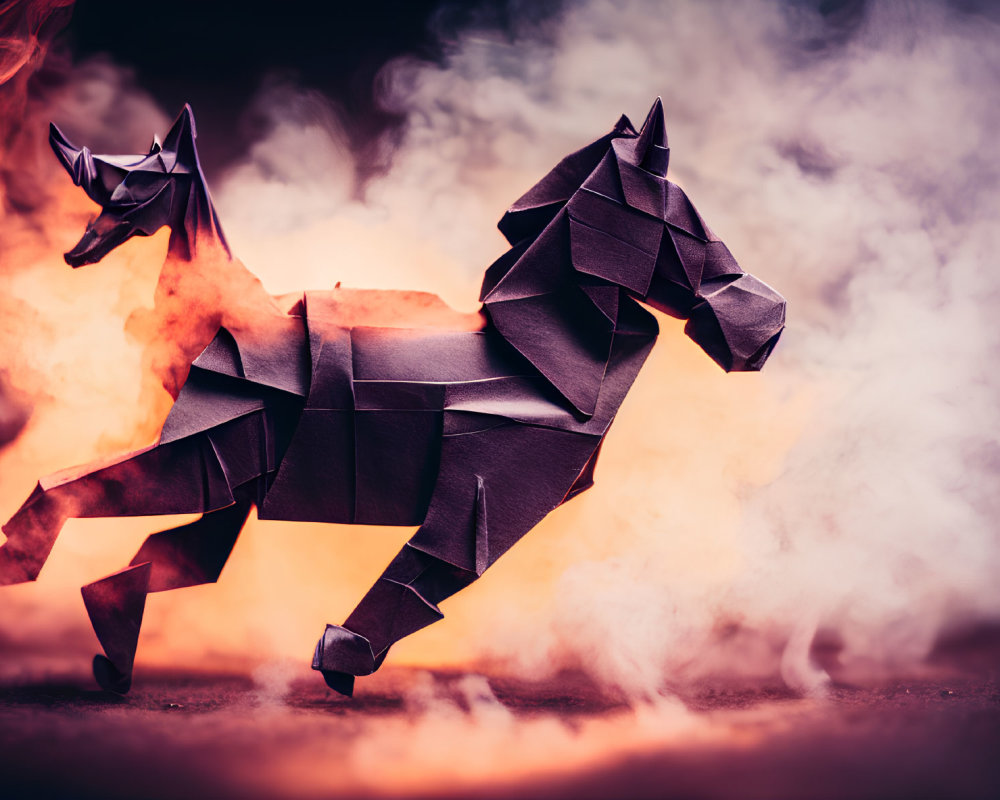 Origami Wolf and Horse in Fiery, Smoky Scene