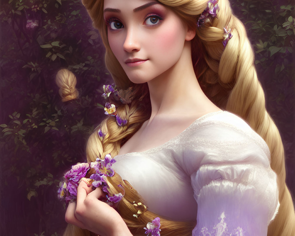 Blonde woman with braided hair and flowers in fairytale setting