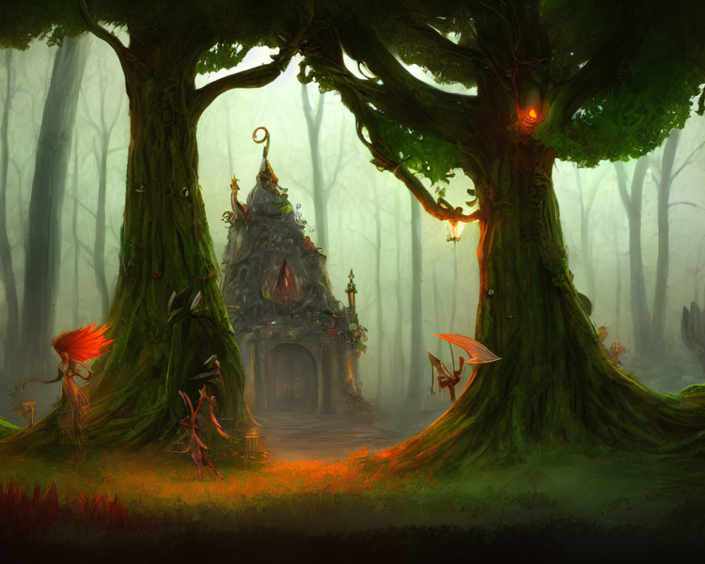 Enchanting forest scene with small house, mystical flowers, and fairy-like creatures