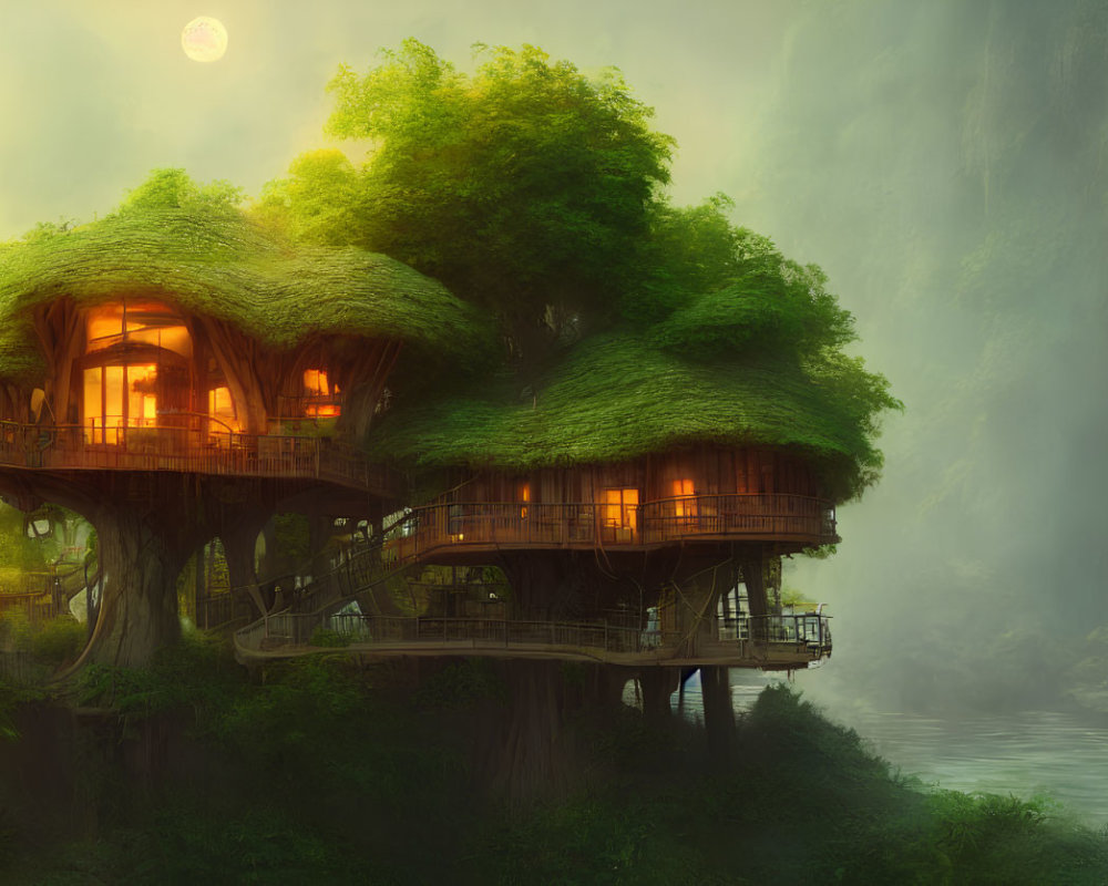Cozy treehouse with warm lights in misty, verdant landscape