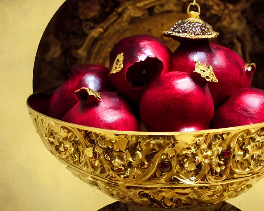 Intricately designed golden bowl with red pomegranates and jeweled ornaments on golden backdrop