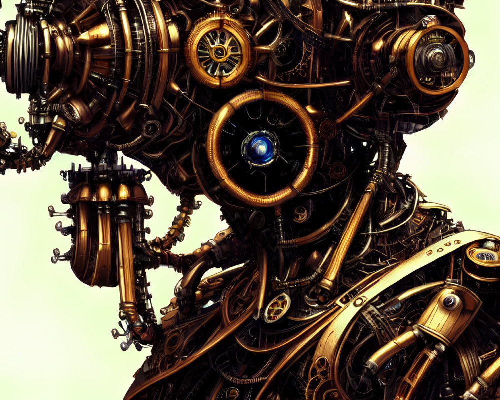 Intricate steampunk machinery with central blue eye