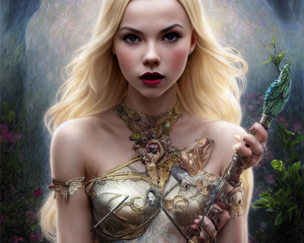 Digital portrait of a warrior woman with platinum blonde hair and ornate armor.