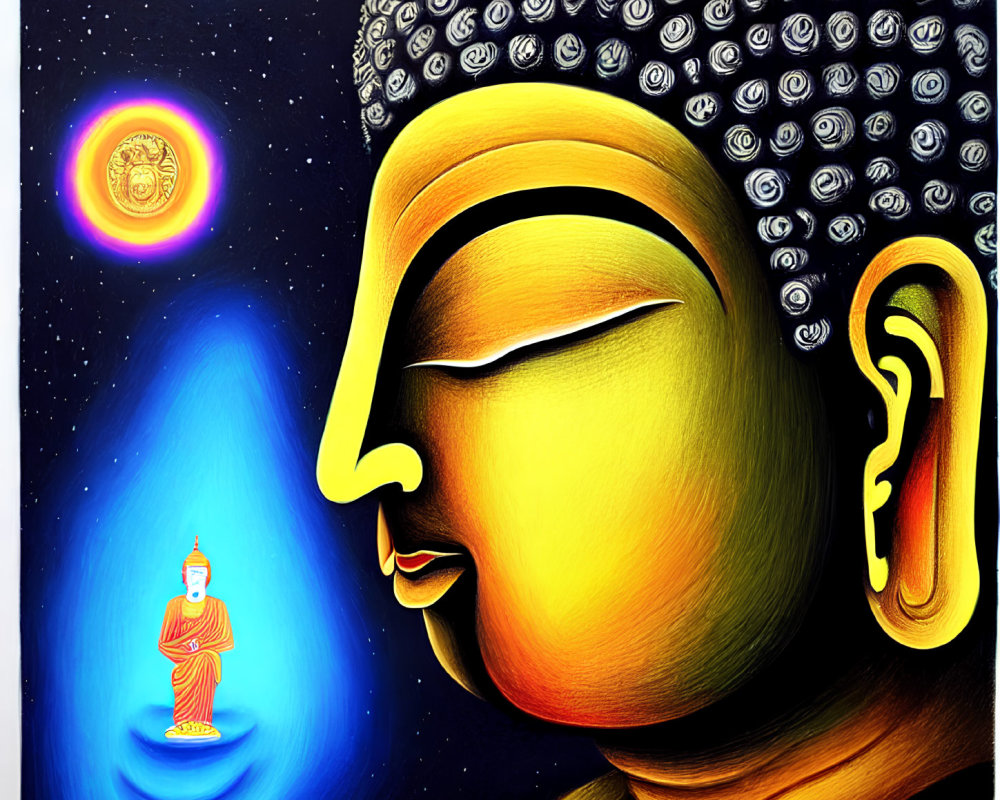 Vibrant Buddha profile with smaller enlightened figure and celestial elements