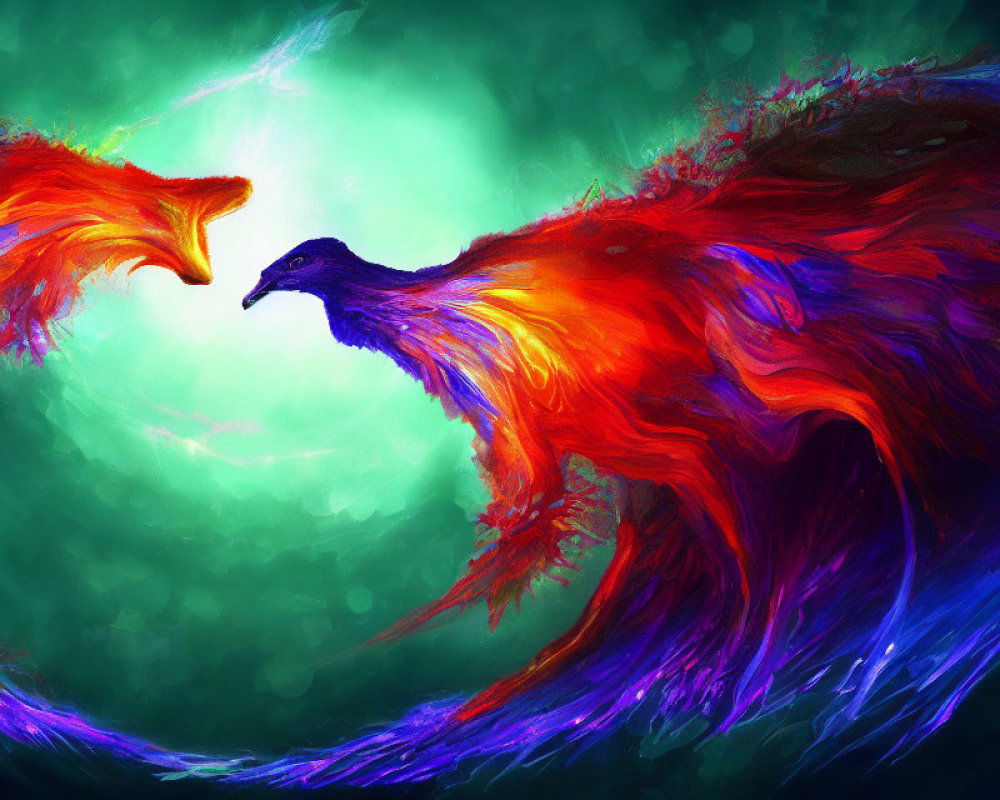 Vibrant red and blue phoenix-like creatures on green and black background