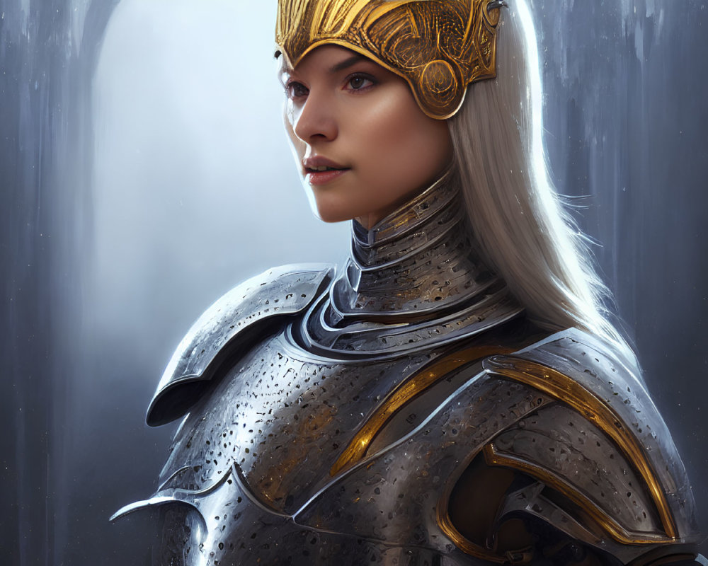 Female knight in silver armor with golden crown helmet: Elegant and determined