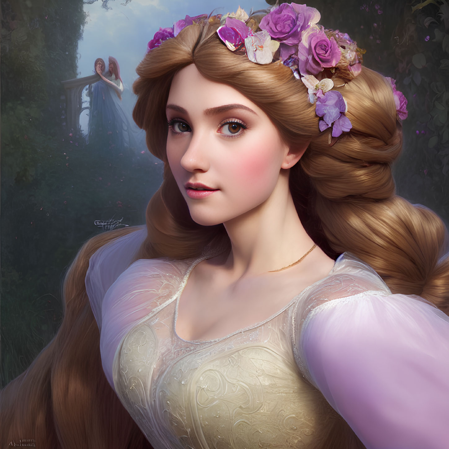 Digital Artwork: Young Woman with Braided Hair and Purple Flower Adornments