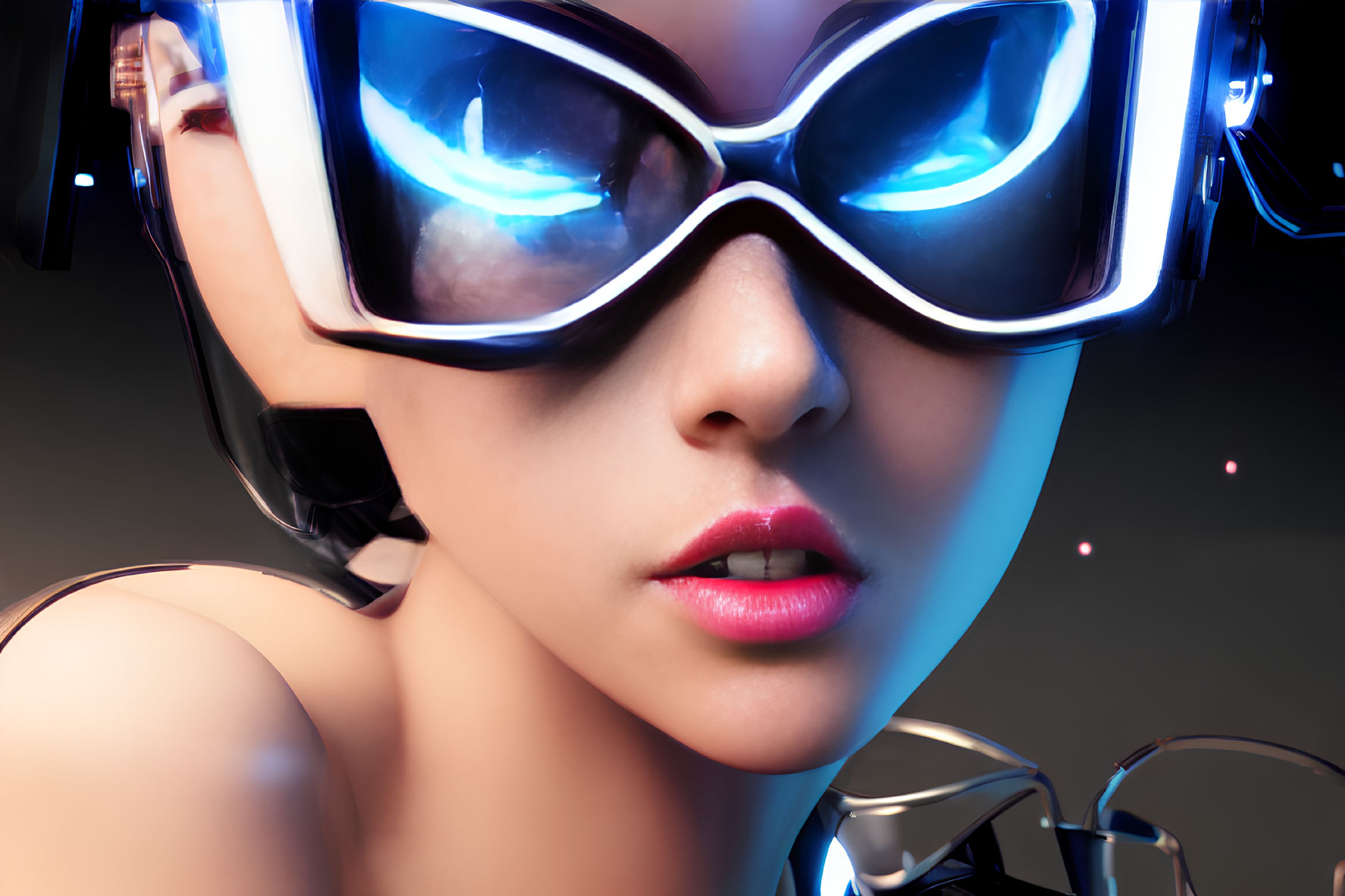 Close-Up of Person in Futuristic Glasses with Glowing Blue Edges