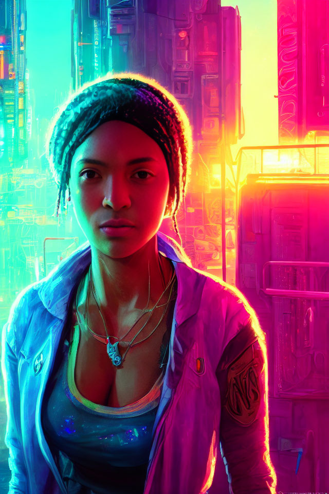 Woman in beanie against neon-lit cityscape in vibrant pink and blue hues