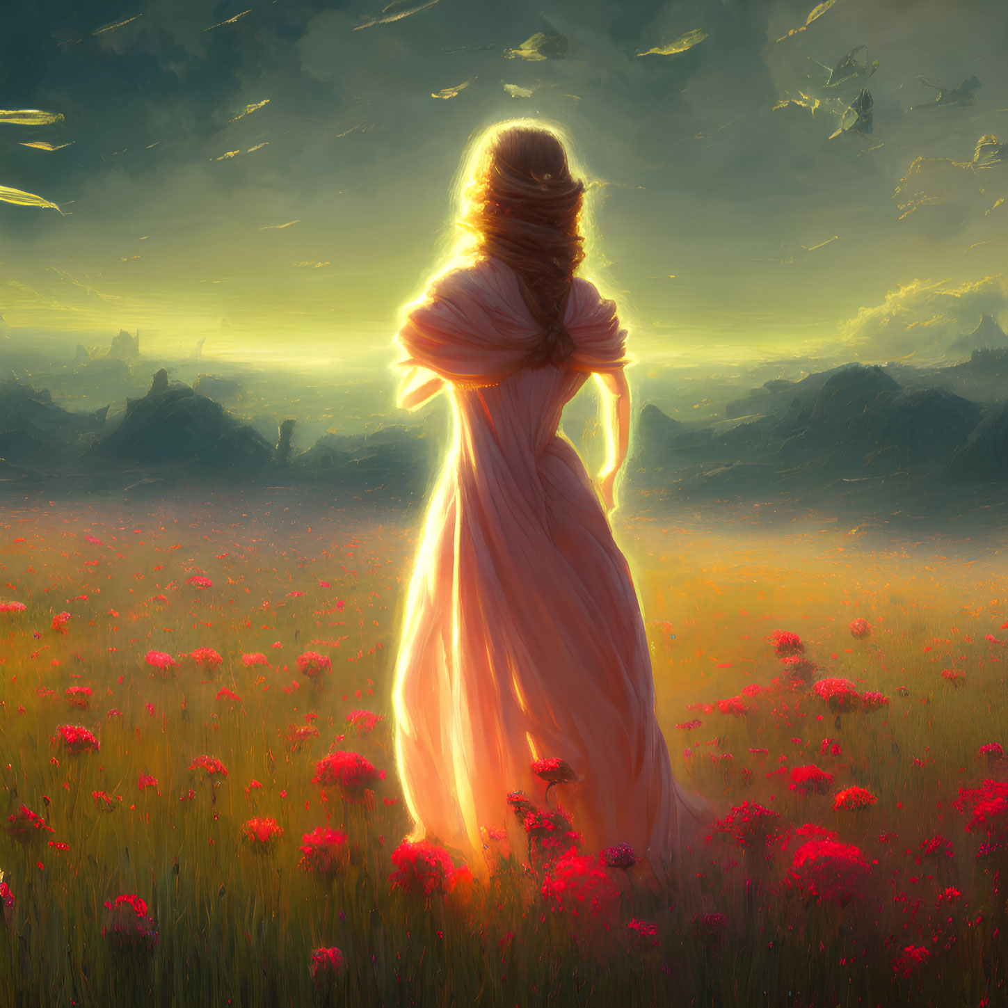 Woman in flowing dress admiring sunset in flower-filled meadow