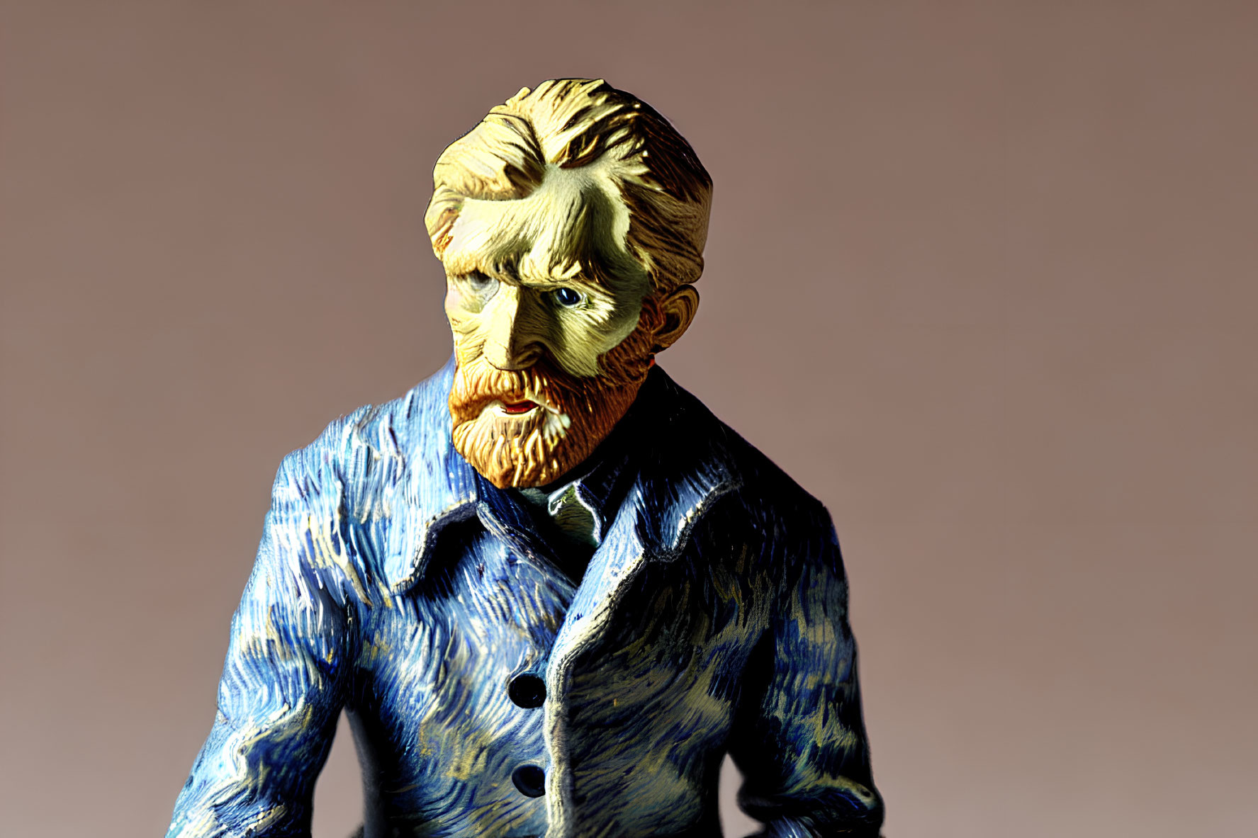 Stylized portrait of a bearded man in blue coat with yellow hair, against plain backdrop