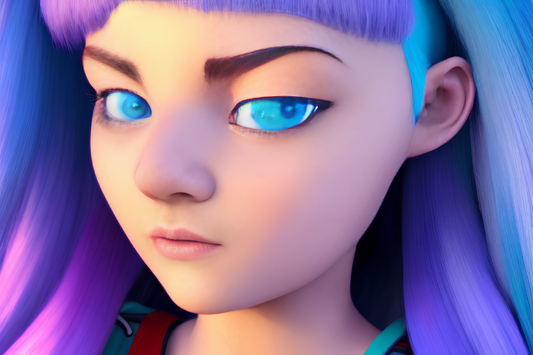 Detailed Close-up of Animated Character with Blue Eyes and Purple Hair