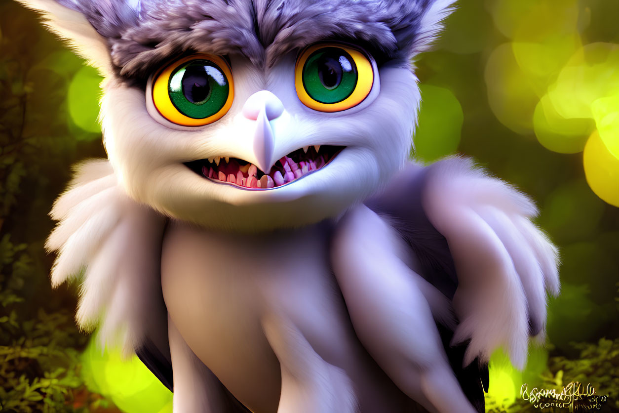 CGI-animated fluffy creature with owl-like face in sunny forest.