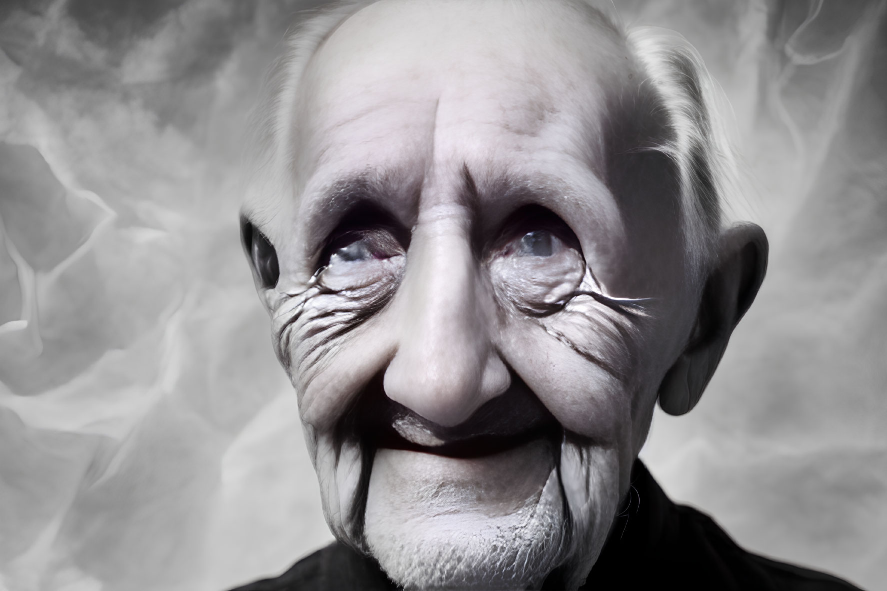 Elderly person with smile lines and sparkling eyes on soft background