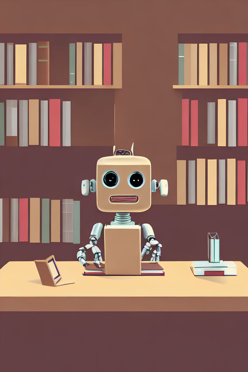 Colorful Books Surround Curious Robot at Desk