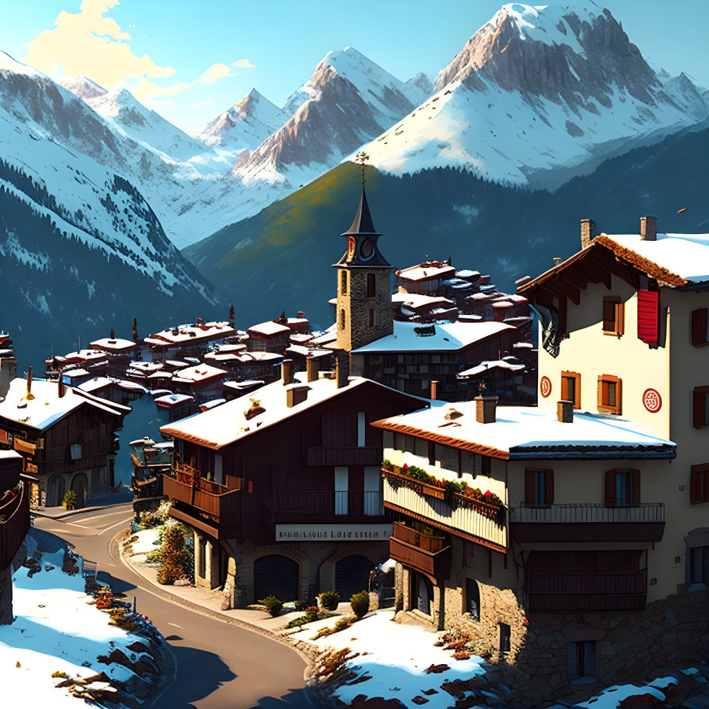 Snow-covered mountain village in winter with church spire and alpine peaks.
