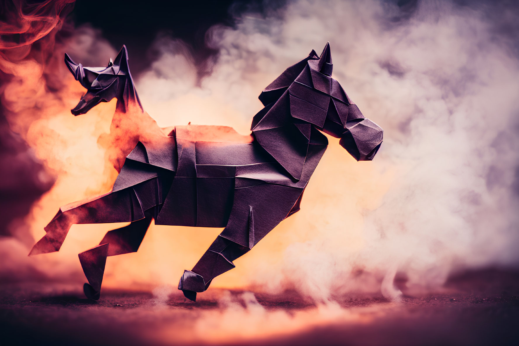 Origami Wolf and Horse in Fiery, Smoky Scene