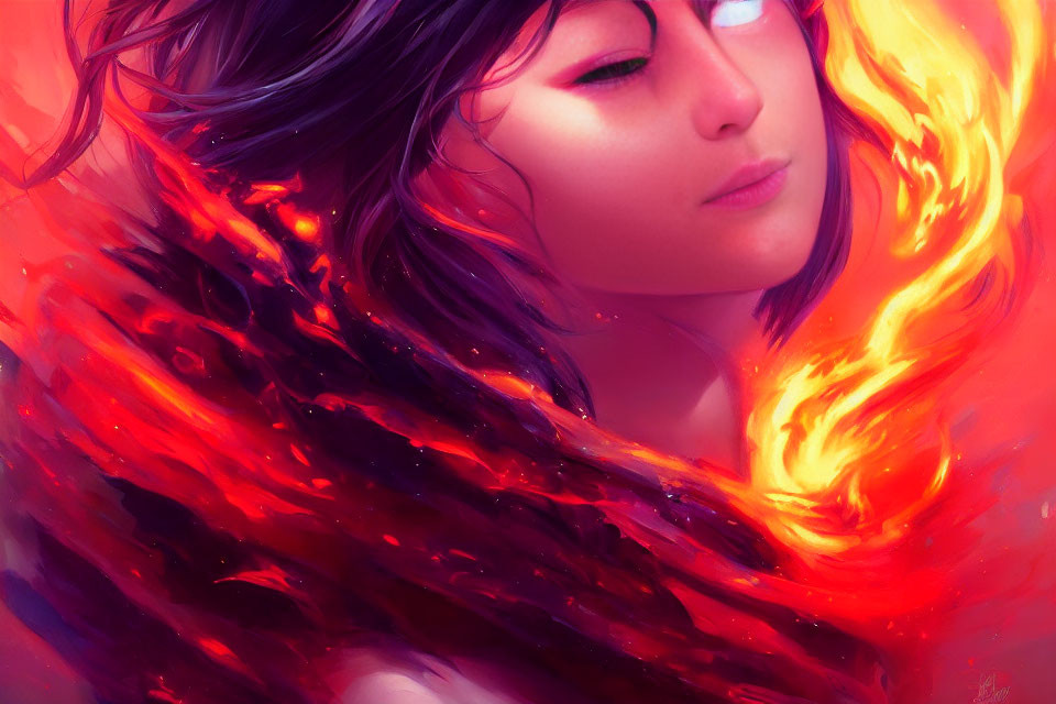Digital artwork: Woman with flowing hair in vibrant flames