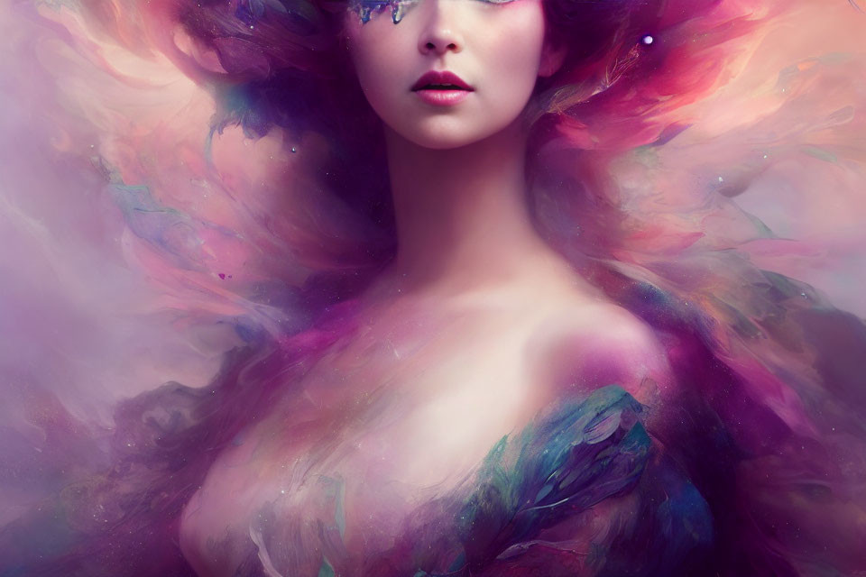 Colorful surreal portrait of a woman blending into vibrant nebula cloud