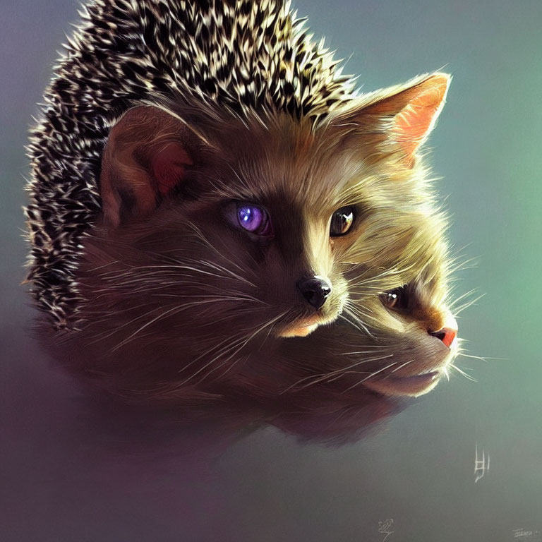 Surreal digital artwork: Hedgehog body, cat head, one blue eye