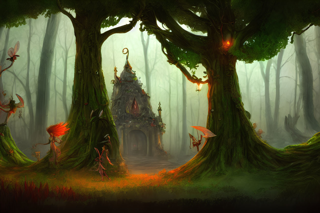 Enchanting forest scene with small house, mystical flowers, and fairy-like creatures