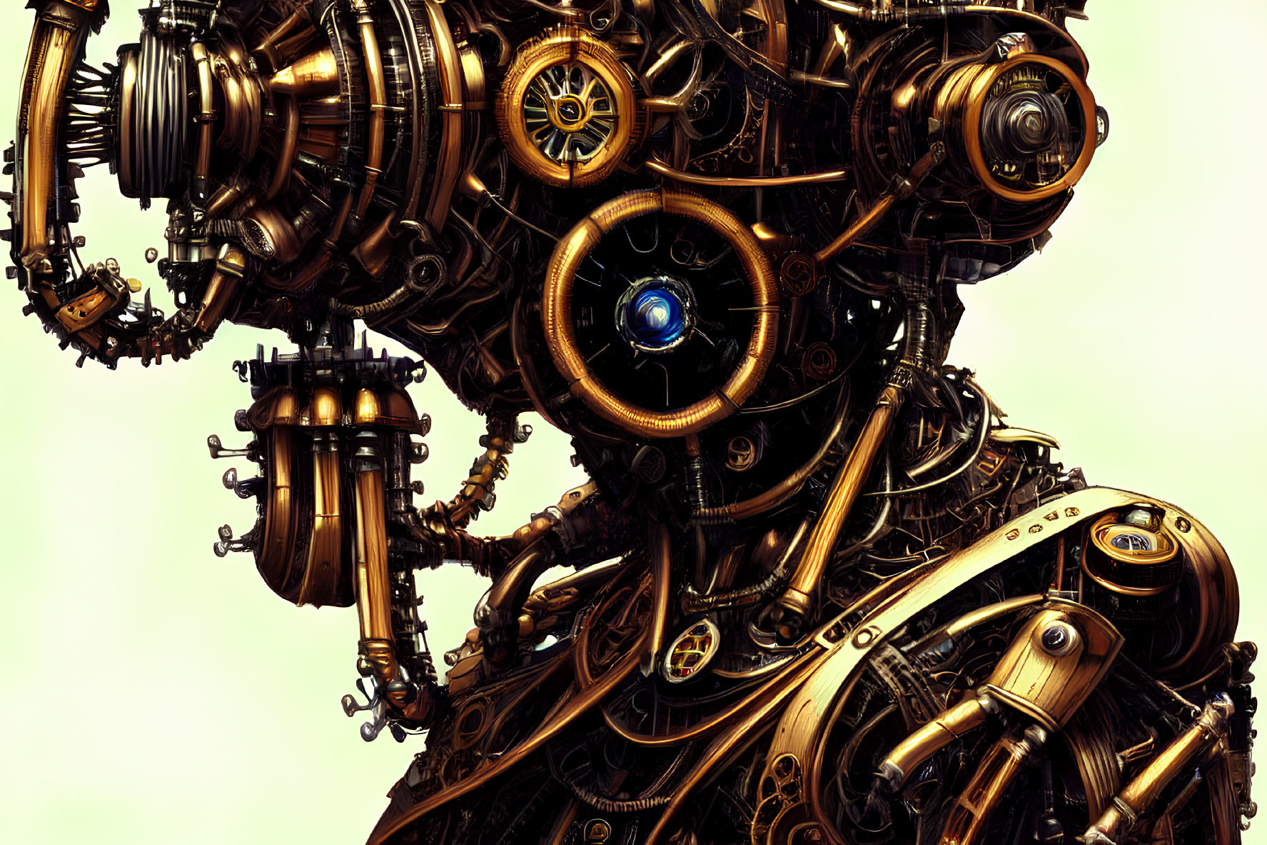 Intricate steampunk machinery with central blue eye