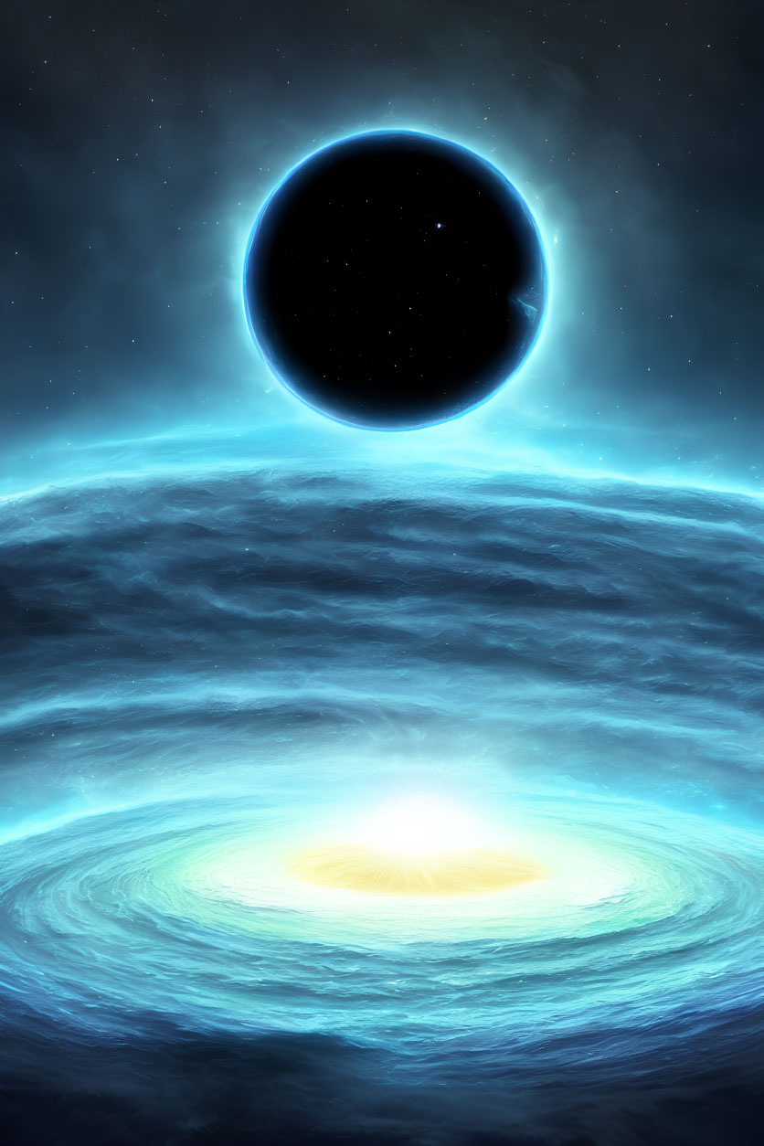 Intense glowing black hole with blue halo in celestial scene