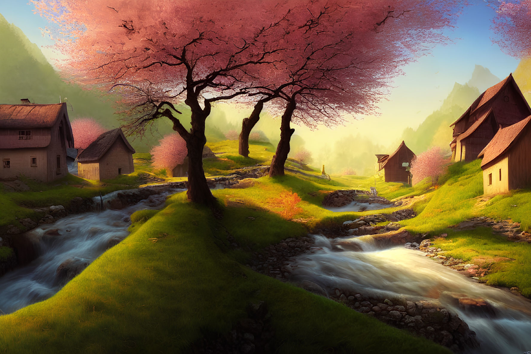 Tranquil landscape with brook, houses, greenery, and pink blossomed tree