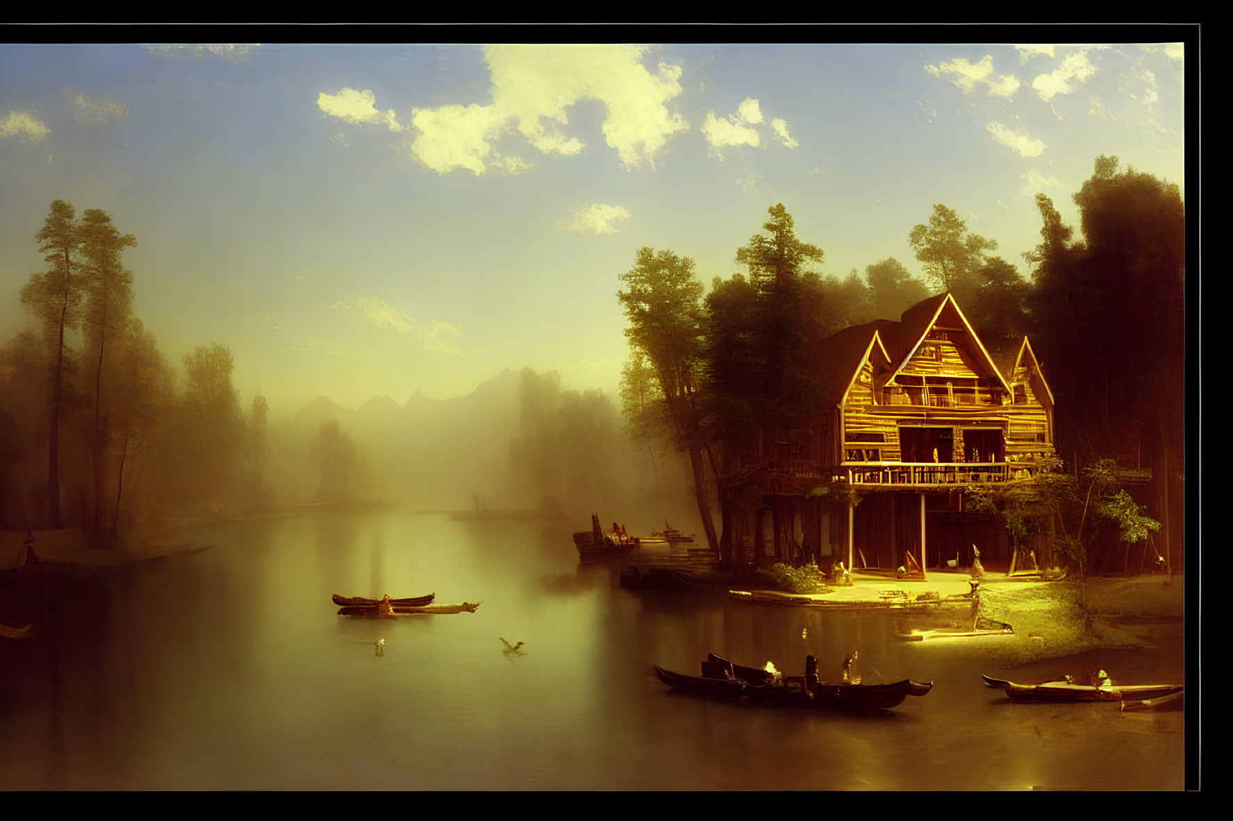 Tranquil lake landscape with wooden house, boats, trees, and golden sky