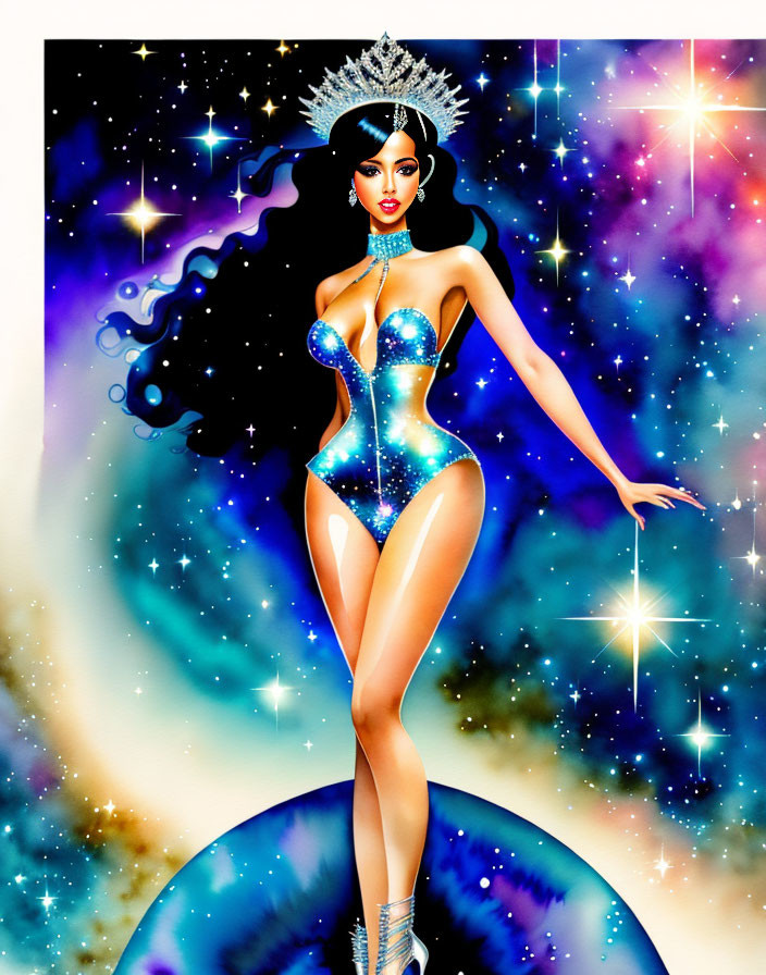 Glamorous woman in cosmic outfit against starry galaxy backdrop