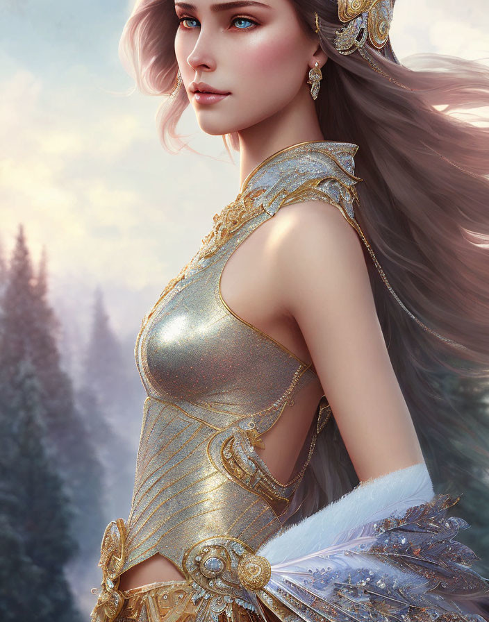 Digital artwork of woman in ornate golden armor with flowing hair in snowy forest