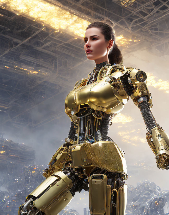 Futuristic female android with gold body parts and braided hair in industrial setting